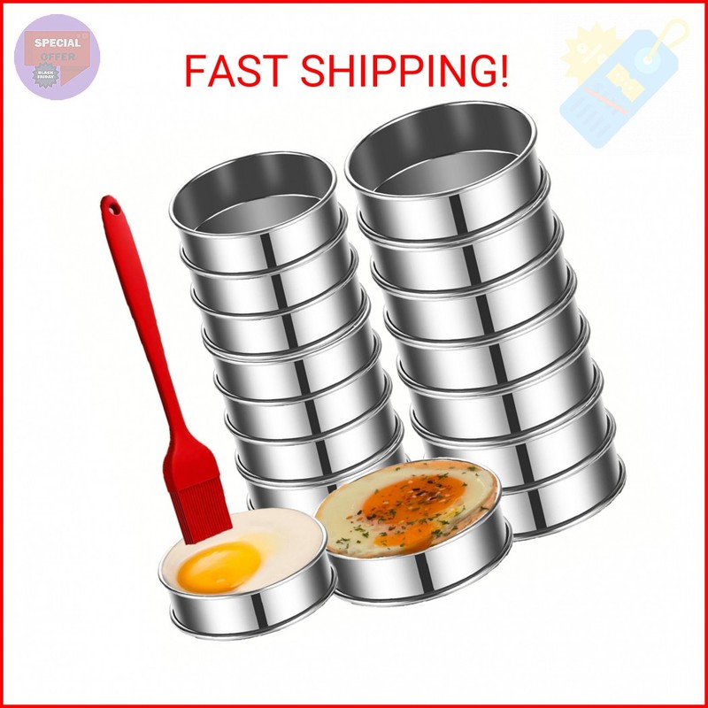 16Packs English Muffin Rings Crumpet Rings 4 inch Stainless Steel Double Rolled