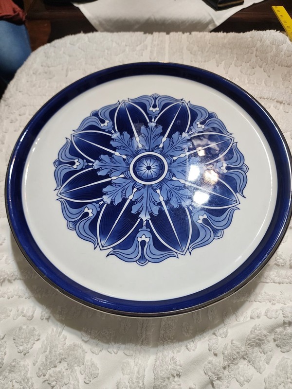 Bombay Grace Pedestal Cake Stand 14″ Blue White Porcelain Server Plate Tray
