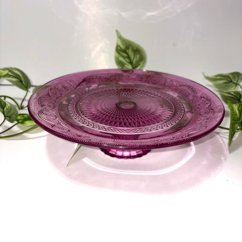 Vtg Purple Amethyst Plum Pressed Glass Cake Stand 10" Pedestal Plate Scroll