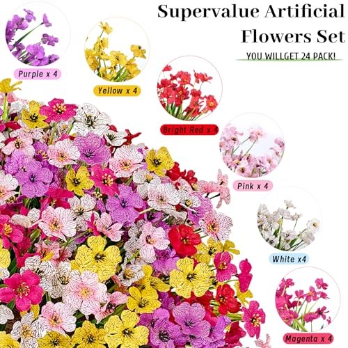 Artificial Flowers for Outdoors, 24 Bundles UV Resistant 24pcs Mix 6 Colors gallery