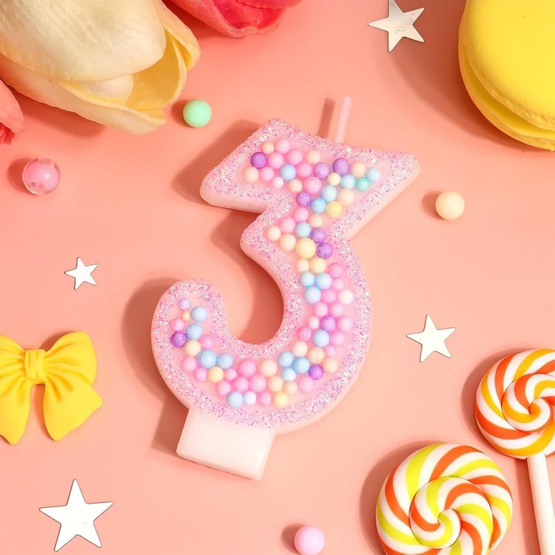 Pink Number 3 Birthday Candle, Sweet Macaron Birthday Candles, 3rd Birthday gallery