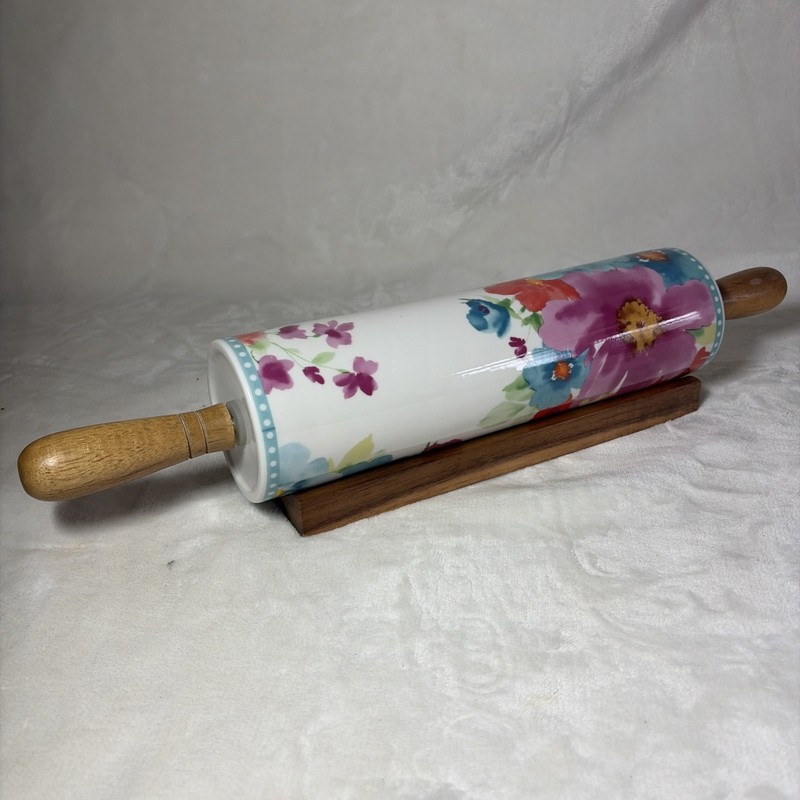 Pioneer Woman Breezy Blossom Ceramic Rolling Pin with Wood Stand - Retired! gallery