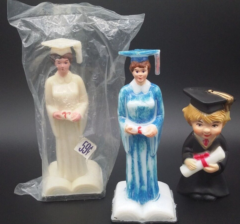 VTG GRADUATE CAKE TOPPERS MIDCENTURY LOT of 3. NOS Cap & Gown Graduation. 1960s.