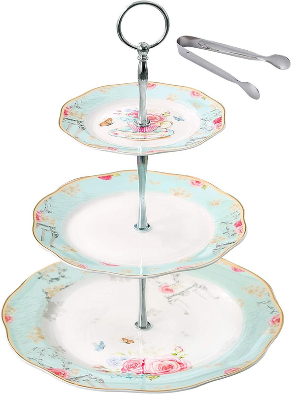 Light Blue 3-Tier Ceramic Cake Stand- Cupcake Stand- Tea Party Blue, 1 Set
