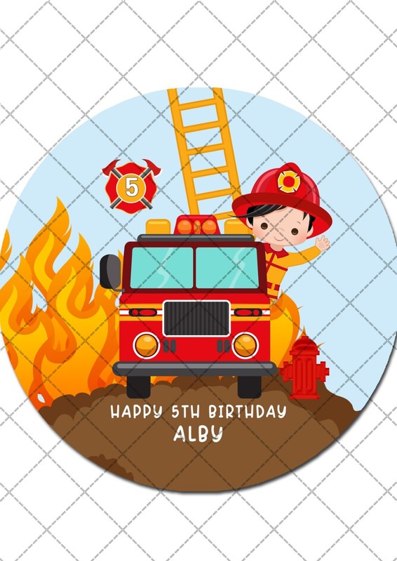 Fireman Fire Firetruck Pre-cut Round Edible Icing Cake Topper