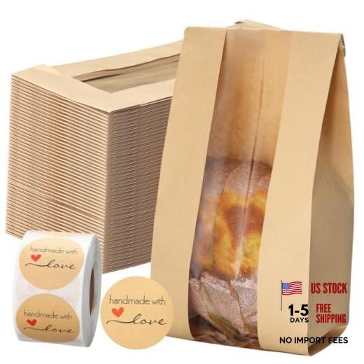 Fullhawl 250 Pcs Bakery Bags with Window and Label Seal 4.7×3.5×11.8 Inch