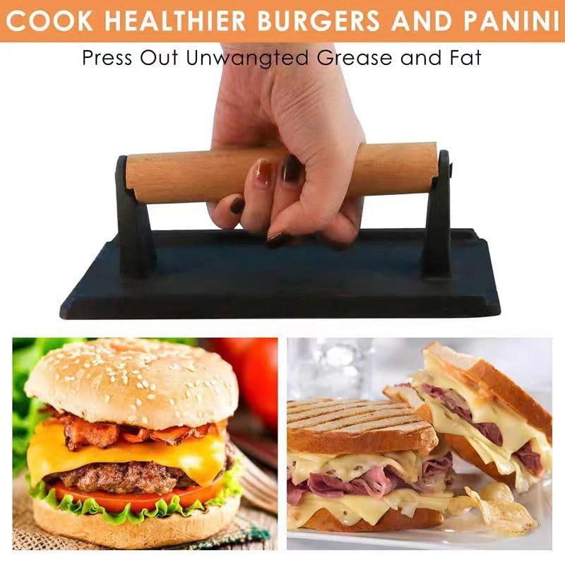 8 Inch Cast Iron Bacon Grill Press Heavy Duty Steak Burger Press Black gallery