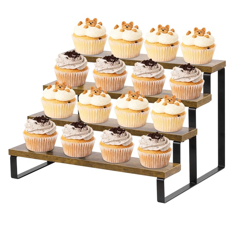 Rustic Wood Stair Cupcake Stand, 4 Tier Stepped Cupcake Holder for Party, Far…