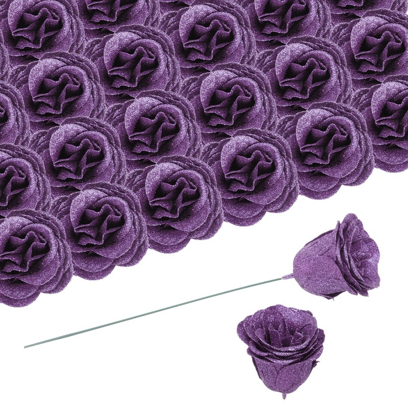 50pcs Roses Glitters Fake Flower Artificial Rose Flowers with 50pcs Stems Purple