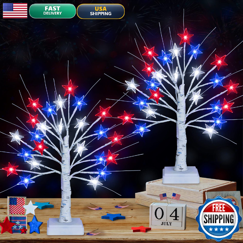 Mosoan Timer 2 Pack 18 Inch 4Th Of July Patriotic Decorations Tree Light 24 Led