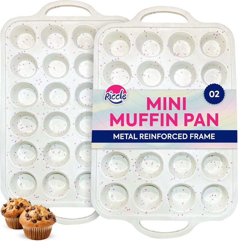 2 Pack Silicone Mini Muffin Pan with Metal Reinforced Frame, 24-Cup Mini
