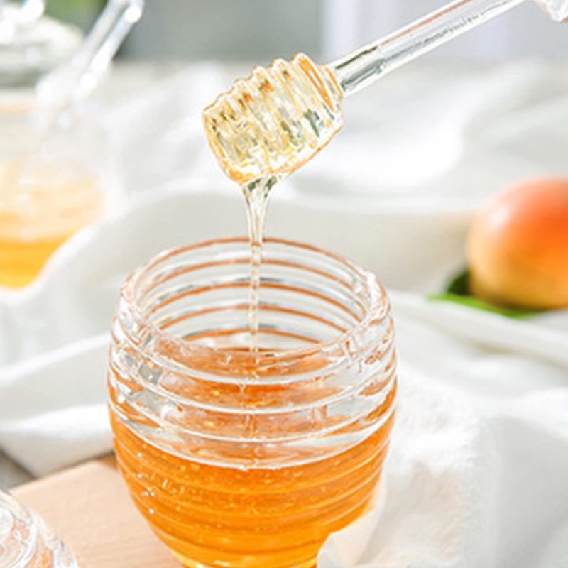 Transparent Plastic Beehive Shape Honey Pot Jar Dipper Lid Syrup Dispenser gallery