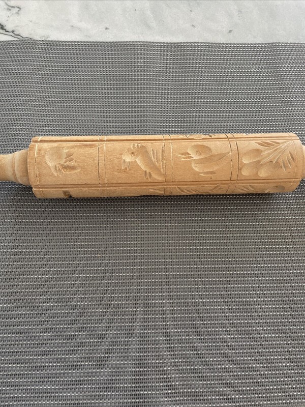 VTG German Springerle Rolling Wooden Pin 16 Cookie Molds Folks Art Animals Flora gallery
