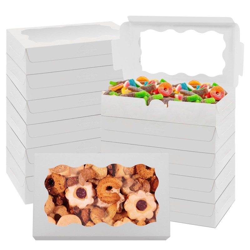 60 Pack Small White Cookie Boxes, 7 x 4.375 x 1 Inch, Clear Window, Macaron