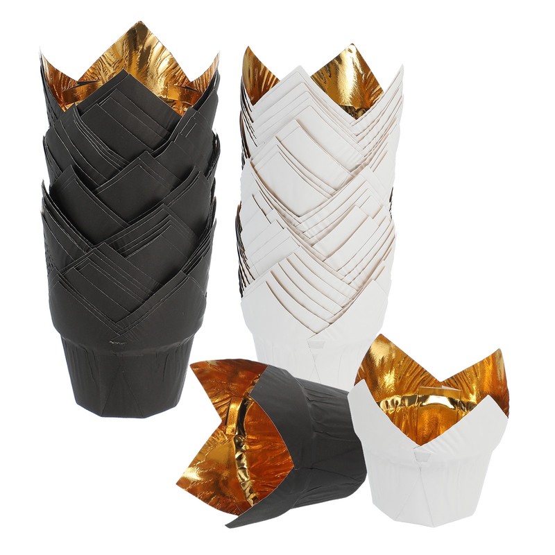 50Pcs Tulip Baking Cups Cupcake Muffins Liners Aluminum Foil(Gold/White&Black)