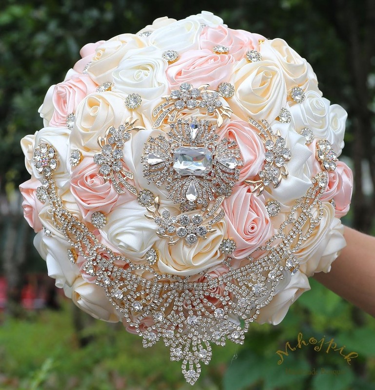 Mhojpik Bridal Wedding Bouquet Round Bling Brooch Holding Bouquet Artificial gallery