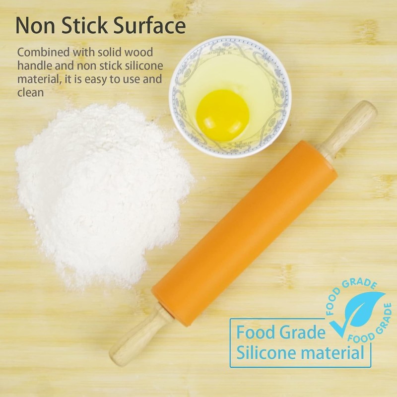 Silicone Baking Non-stick Rolling Pin Dough Roller Wooden Handle gallery