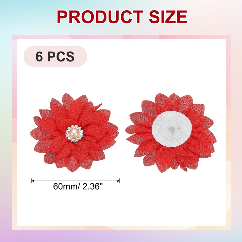 2.36 in Rhinestone Chiffon Flower, 6 Pcs Fabric Appliques, Red gallery
