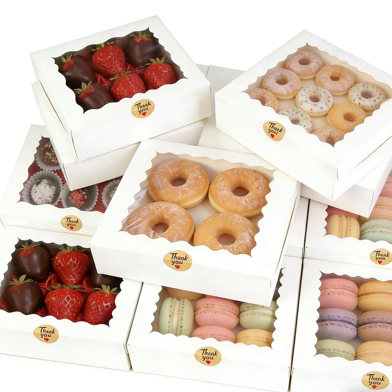 50pcs Cookie Boxes 9x9x2.5 Inches White Bakery with Window,Professional Pastr…