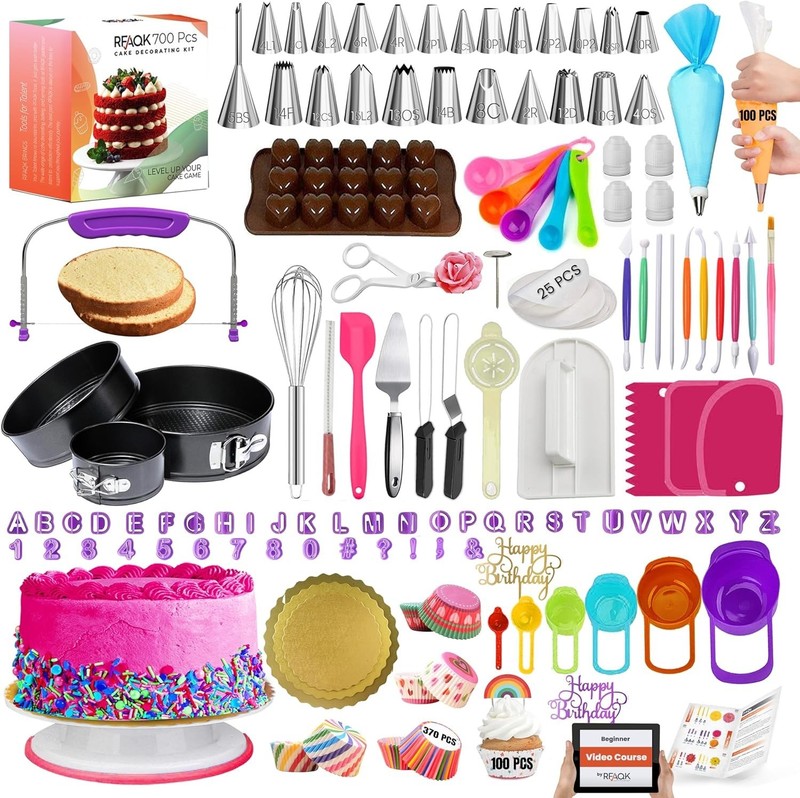 Best RFAQK 700PCs Cake Decorating Kit with Baking Supplies – Turntable for Pans