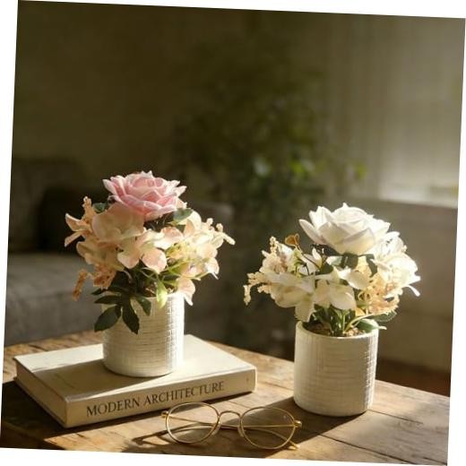 Artificial Roses, 2 Pack White and Pink Faux Rose Flowers in Plastic Pots, gallery
