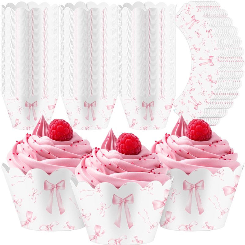 100 PCS Pink Bow Cupcake Wrappers Rustic Liners Baking Cups Wedding Bridal