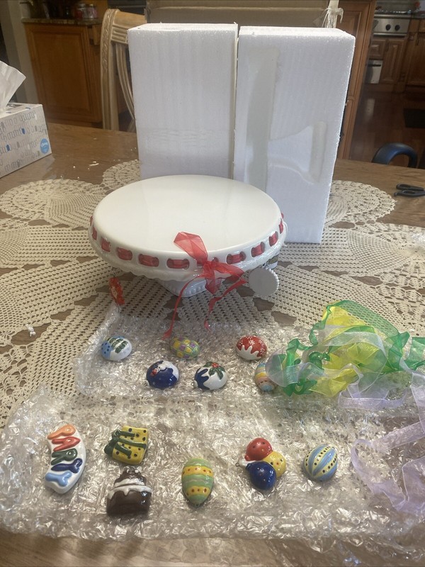 White Ceramic Cake Stand 10”With Seasonal Decorative a Easter Xmas & Party