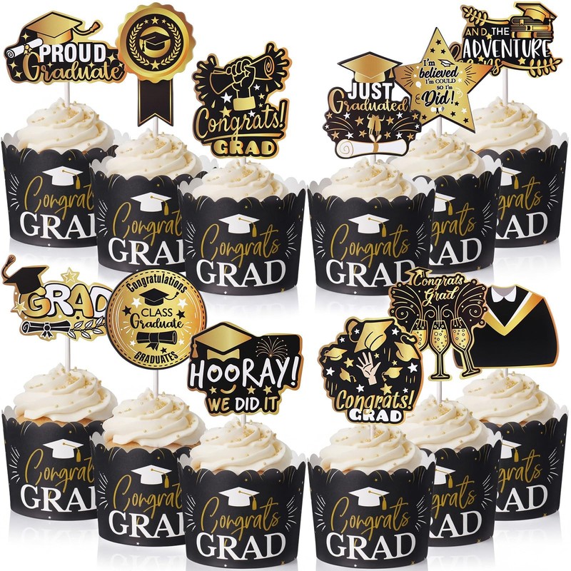 96 PCS Graduation Cupcake Liners Toppers Set Black Gold Class Of 2026 Party