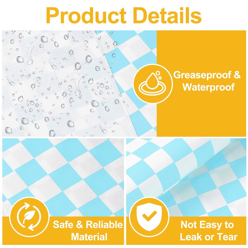 200Pcs Wax Paper Sheets for Food, 7" Plaid Wrapping Paper Sheets, Blue gallery