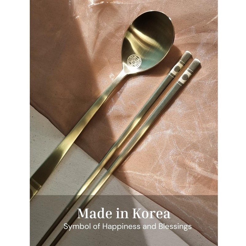 Korean Spoon and Chopstick 2 Set – Premium 18/10 Titanium Gold – Double Happi... gallery