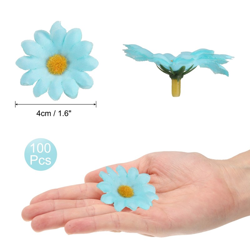100pcs Artificial Daisies Flower Heads,1.6" Silk Fake Daisies, Light Blue/Orange gallery