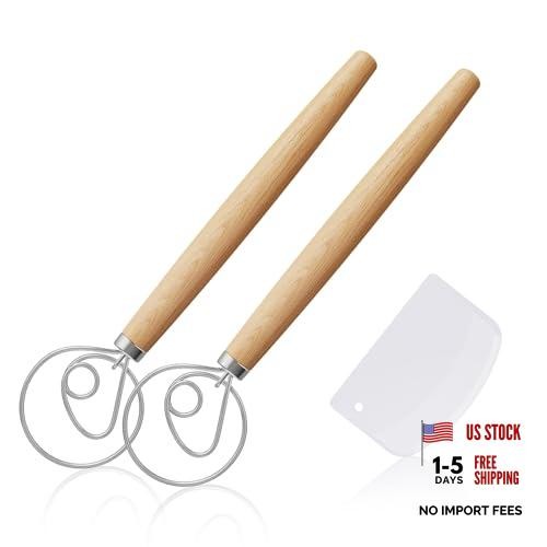 2 Pack 13-Inch Danish Dough Whisk with Dough Scraper, Premium Stainless Steel