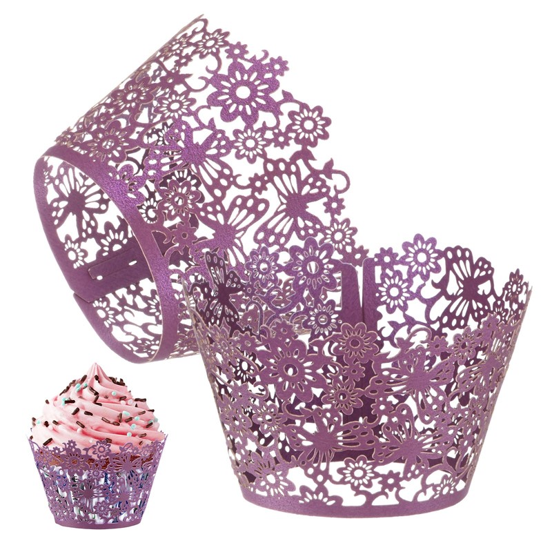 50-Pack Floral Cupcake Liners for Wedding Party Decoration[Dark Purple]