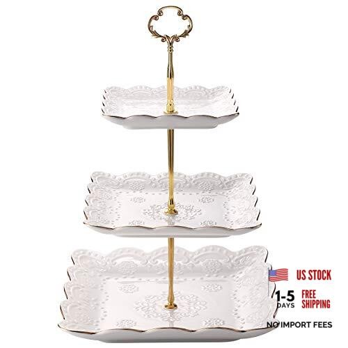 3-Tier Porcelain Cake Stand – White Rimmed with Gold Embossed Cupcakes