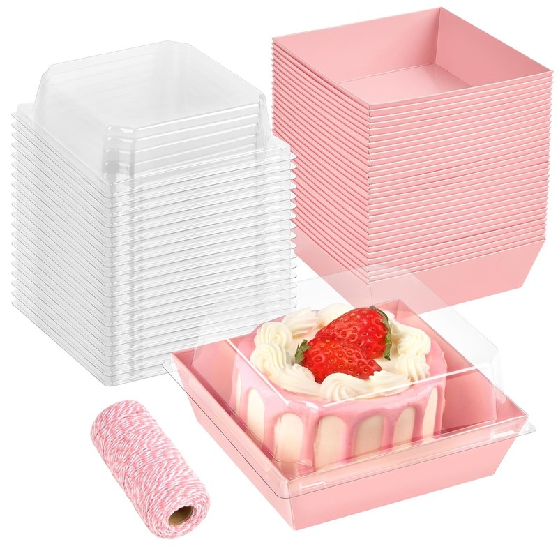 Small Charcuterie Boxes with Clear Lids, 50 Pack, 4″, Pink