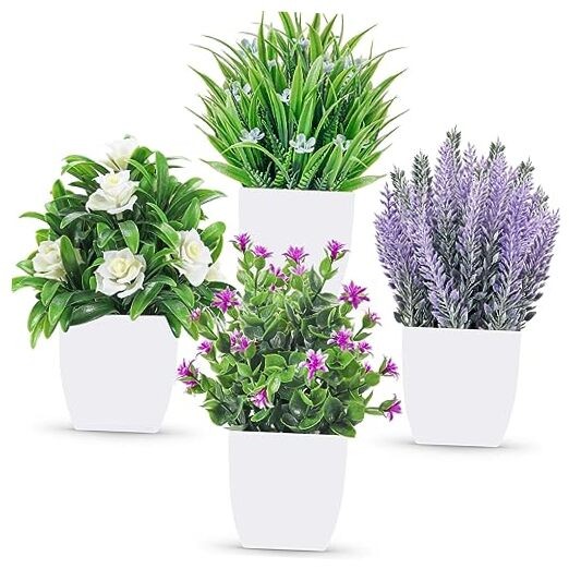 Pack Fake Plants Small Artificial Potted Faux Plants with Flowers for Home 4 gallery