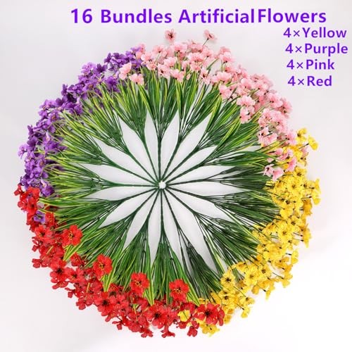 Artificial Mums Flowers for Outdoors, 16 Bundles UV 16PCS Mix 4 Colors gallery
