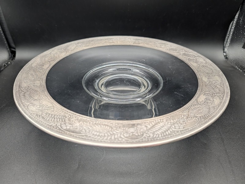 Antique Heavy Embossed Silver Overlay Rim Glass Pedestal Cake Stand Glows Green