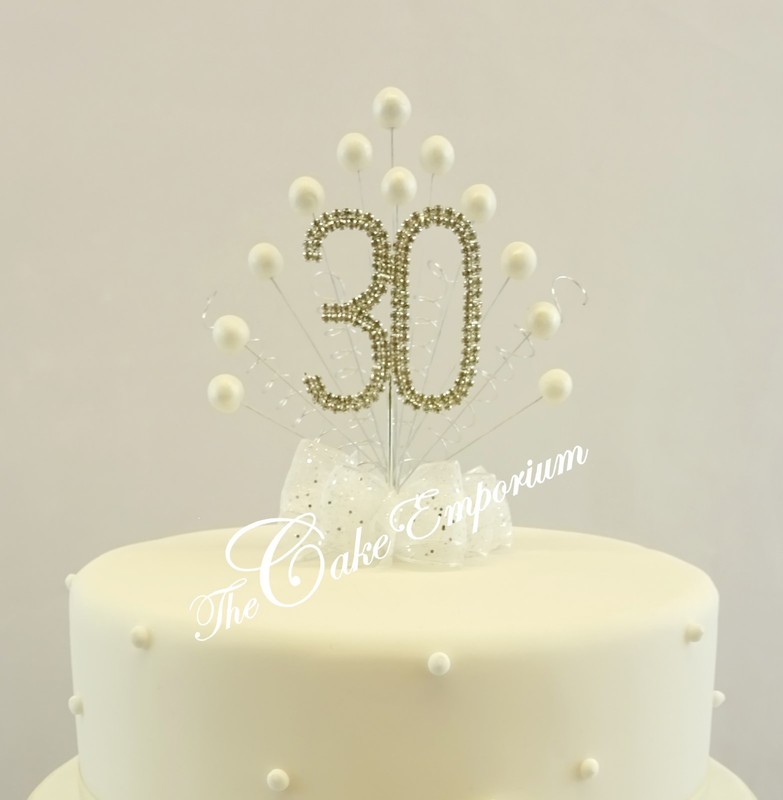 CAKE TOPPER PEARL BURST DIAMANTE BIRTHDAY ANNIVERSARY NUMBERS WITH RIBBON & BOW gallery