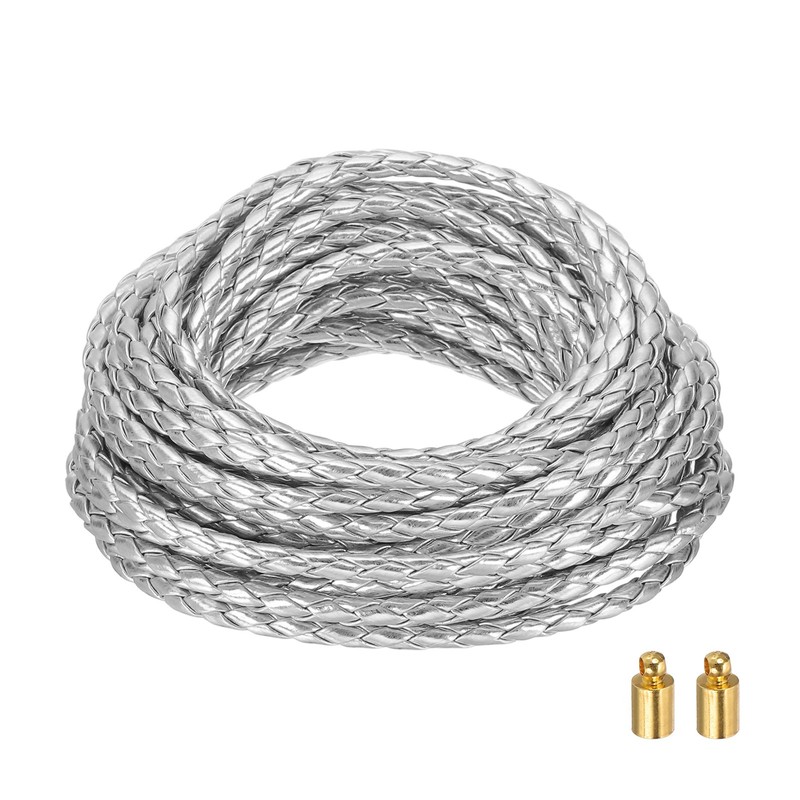 Braided Leather Cords, 6.6 Yard Strap with Cord Lock, 4mm Dia, Silver