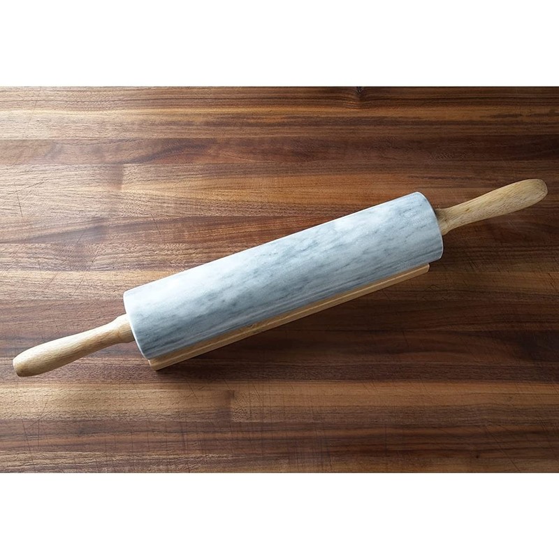 Polished Marble Rolling Pin with Wooden Cradle, 10-Inch Barrel, White gallery