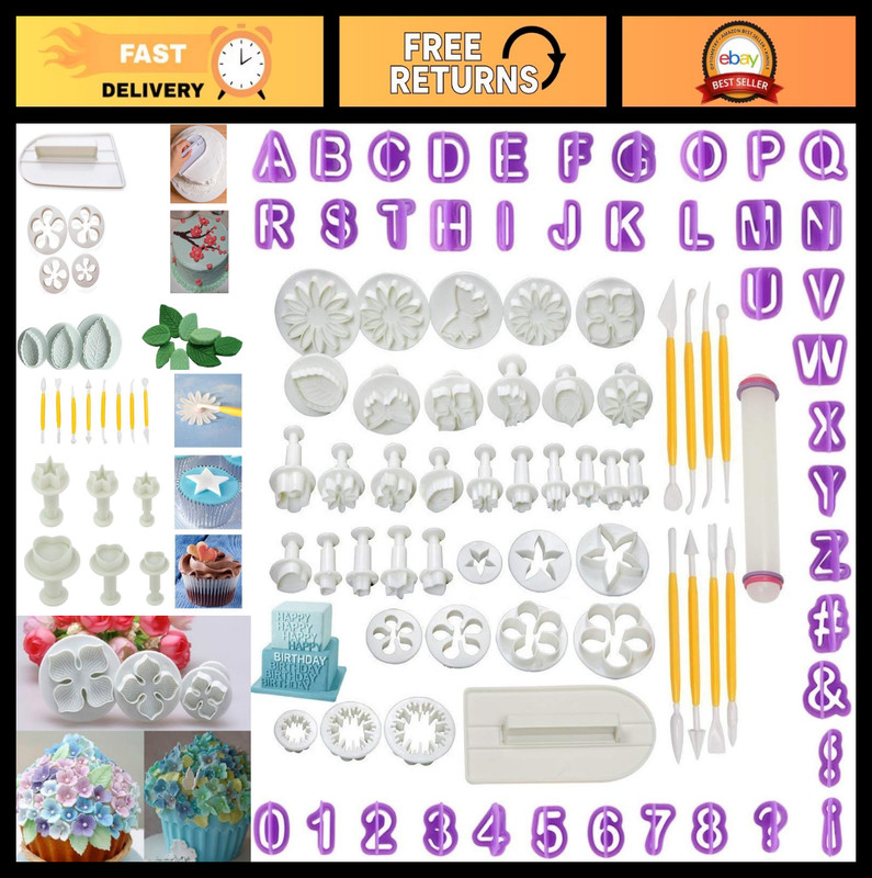 Fondant Cutters & Molds Set for Cake Decorating, Icing Smoother, Plunger Cutters