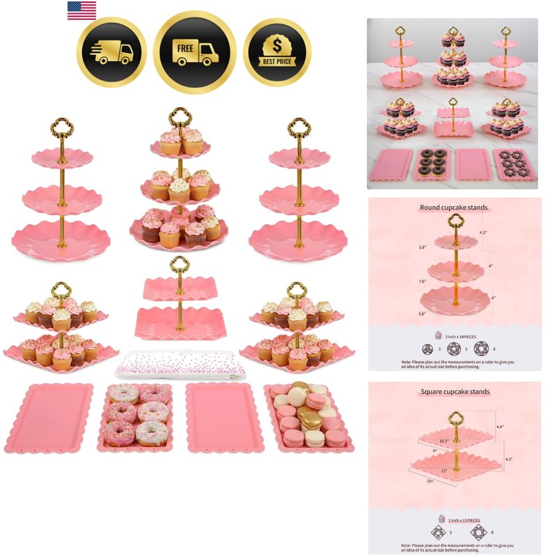 Pack of 11 Cake Stand Set of Cupcake Stand, Tray & Table Cloth Pink