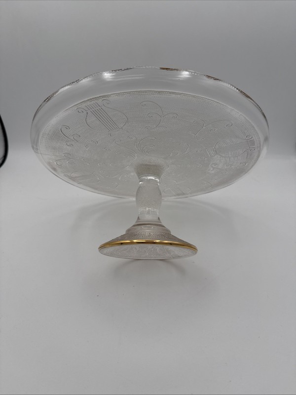 Jeanette Harp Glass Pedestal Cake Plate Stand Scalloped Edge w/Gold 10" gallery