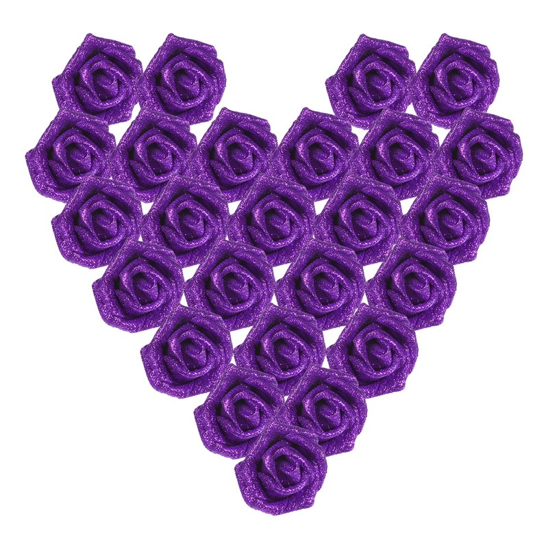 25Pcs Glitter Roses, Foam Artificial Flowers Roses Heads with Stem, Purple
