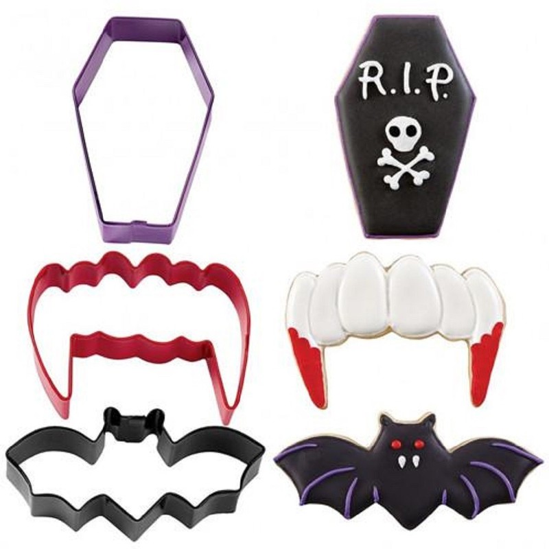 Wilton Halloween Cookie Cutters 3 pc Set R.I.P. Coffin Vampire Fangs Bats NEW