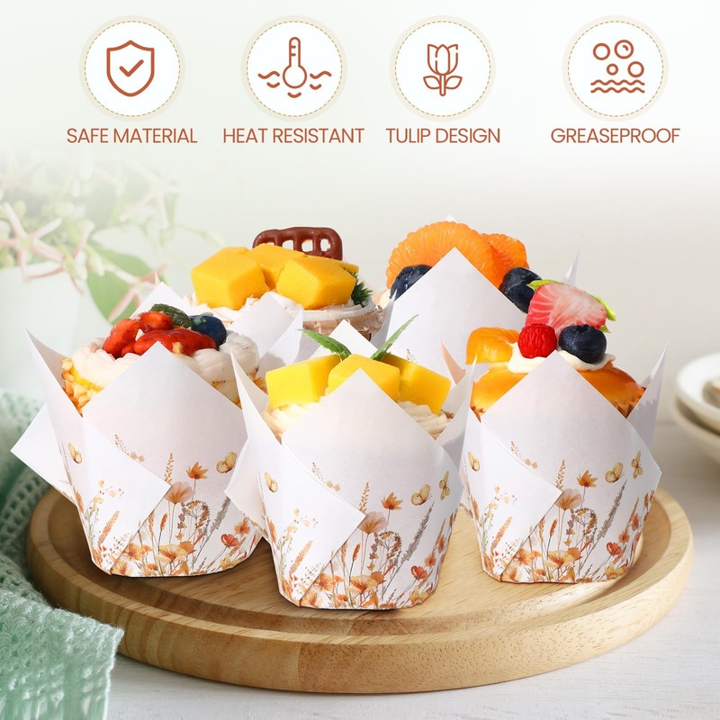 200 PCS Fall Floral Tulip Cupcake Liners Autumn Wildflower Muffin Cups gallery