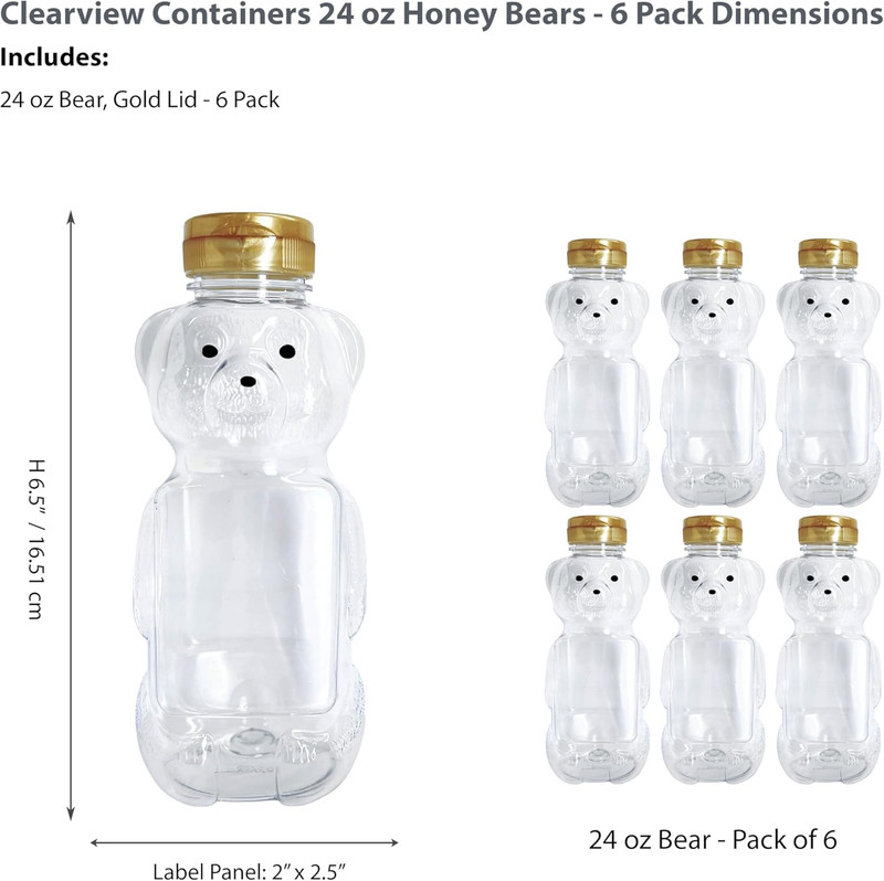6 Pack of 24 Ounce Honey Bears with Sealable Gold Flip Top Lids (24 Oz. Bear, 6P gallery