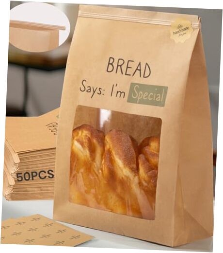 50PCS 2X Thicker Brown Paper Bread Bags with Tabs | Kraft Homemade Modern