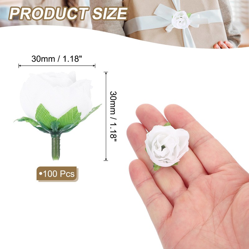 100 Pcs 1.18 Inch Mini Artificial Rose Flower Heads Silk Bouquet, White gallery